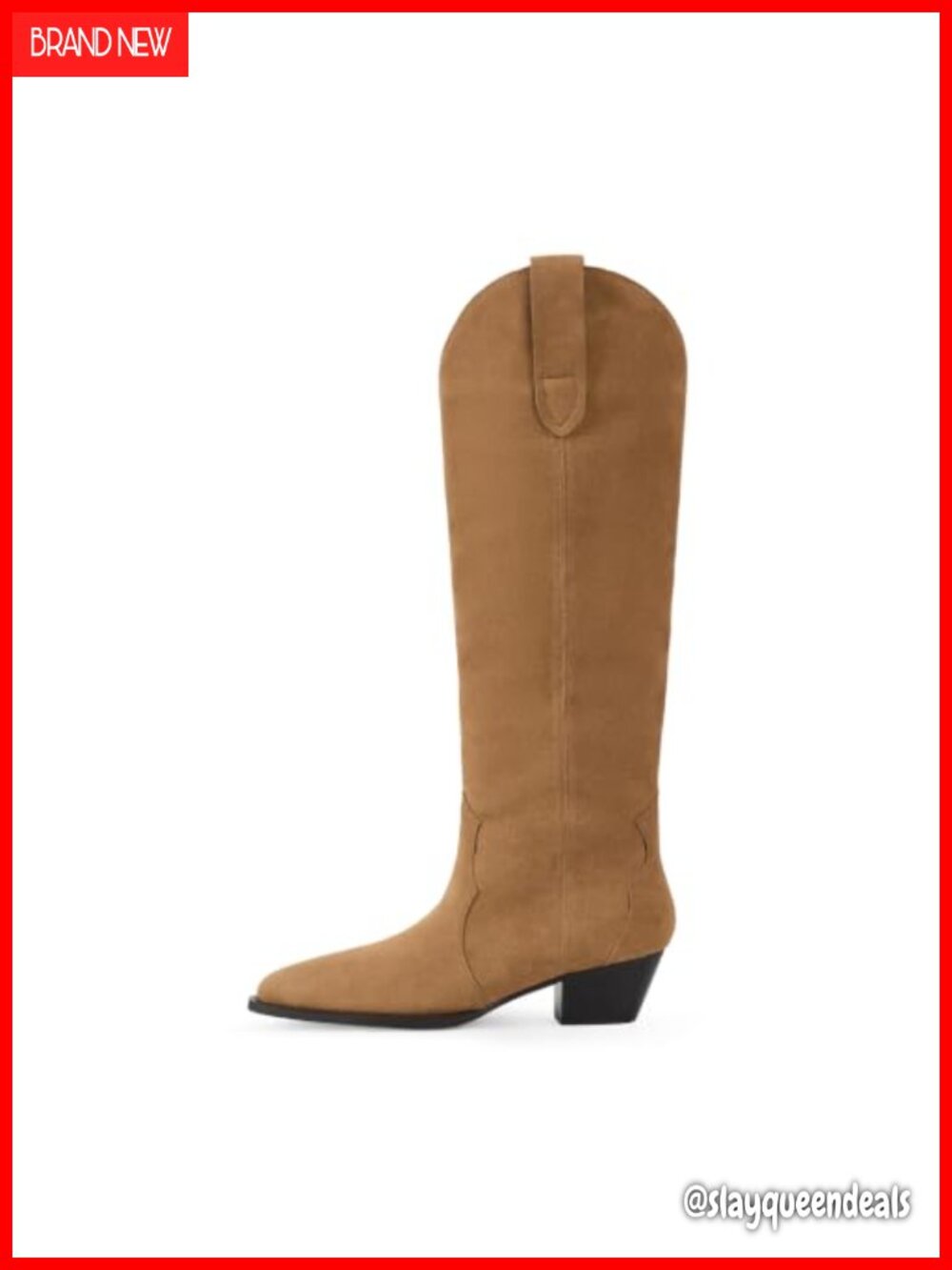 Suede Cowboy Knee High Boots Pointed Toe Chunky Heel Pull On